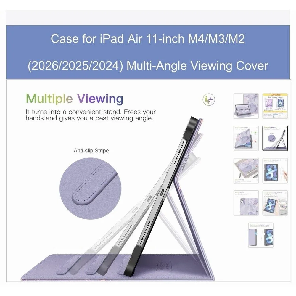 Case for iPad Air 11-inch Lavender Blue Rose Gold Marble Angle View Cover